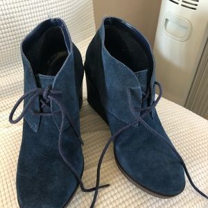 Blue suede Cole Haan wedged booties